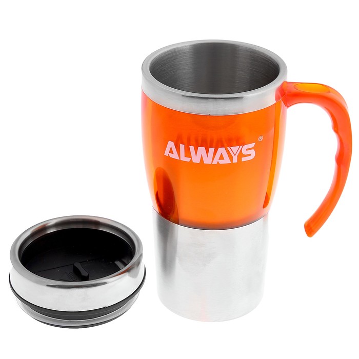 Термокружка "Always", 450 мл, металлическая вставка снизу, оранжевая, 12х18 см