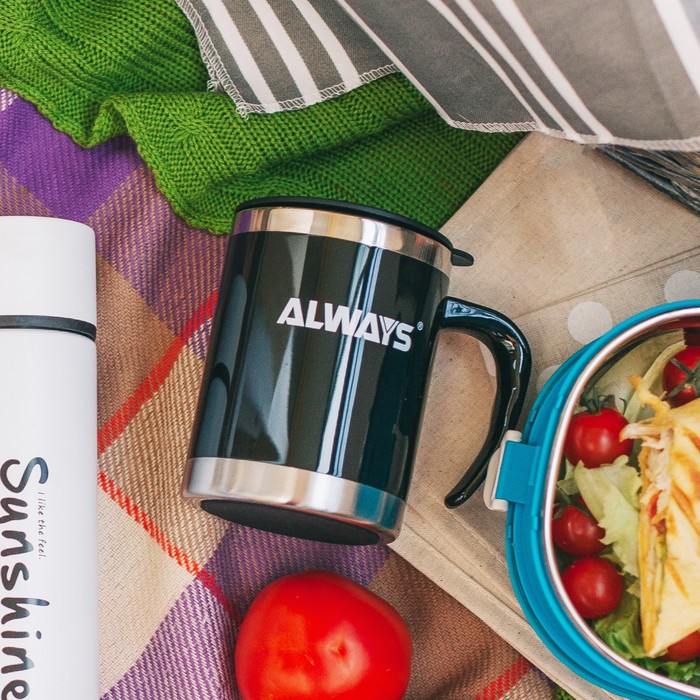 Термокружка "Always", 400 мл, металлическая вставка сверху и снизу, чёрная, 13х12 см