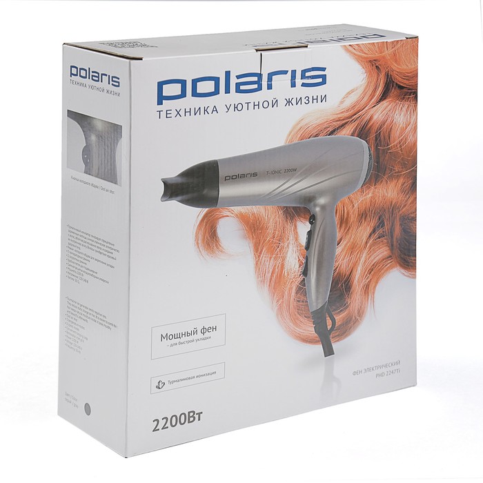 Фен Polaris PHD 2247Ti, 2200 Вт, 2 скорости, 3 температурных режима, серый
