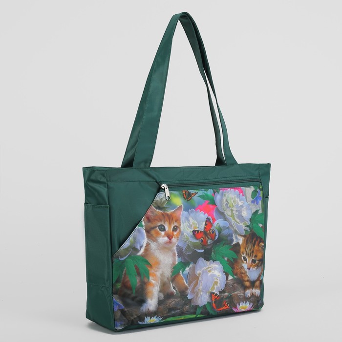 Сумка пляжная "Коты", отдел на молнии, наружный карман, цвет зелёный