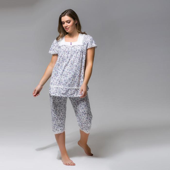 Пижама (футболка, бриджи) женская 238 цвет белый, принт розовые цветы, бамбук, р-р 48