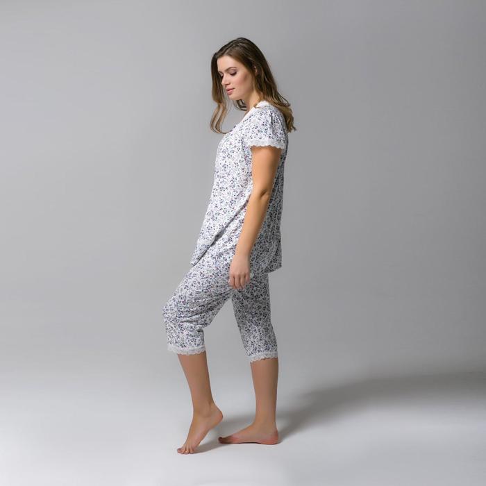 Пижама (футболка, бриджи) женская 238 цвет белый, принт розовые цветы, бамбук, р-р 48