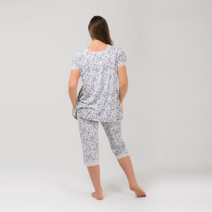 Пижама (футболка, бриджи) женская 238 цвет белый, принт розовые цветы, бамбук, р-р 48