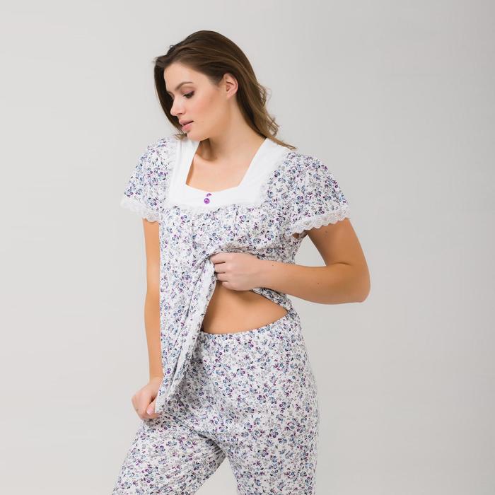 Пижама (футболка, бриджи) женская 238 цвет белый, принт розовые цветы, бамбук, р-р 48
