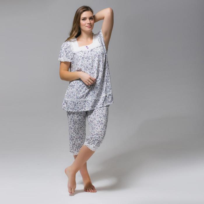 Пижама (футболка, бриджи) женская 238 цвет белый, принт розовые цветы, бамбук, р-р 52