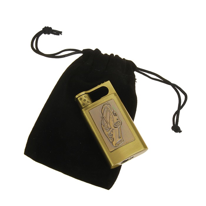 Зажигалка в карт. коробке газ золотая с вставкой "Спорткар" хром 3,5*6,5см