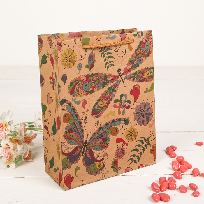 Пакет крафт "Бабочки", 19 х 8 х 24,5 см