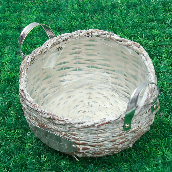 Кашпо «Цветы», круглое с ручками, серебристо-бежевое, 25х12/16 см