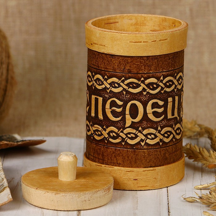 Туес для специй «Перец», высокий, 6х6х12 см, береста