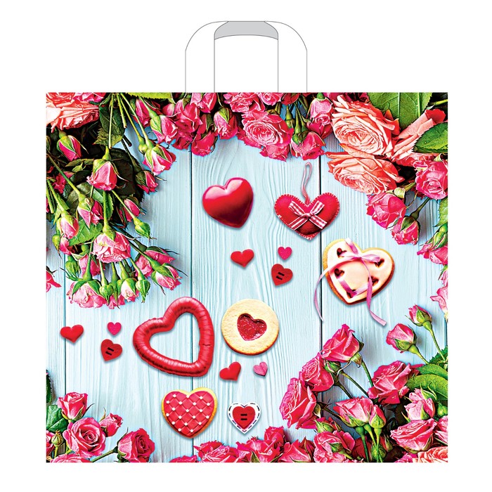 Пакет "Розовое сердце", полиэтиленовый с петлевой ручкой, 40х36 см, 70 мкм