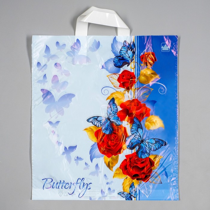Пакет "Синие бабочки", полиэтиленовый с петлевой ручкой, 42 х 38 см, 37 мкм