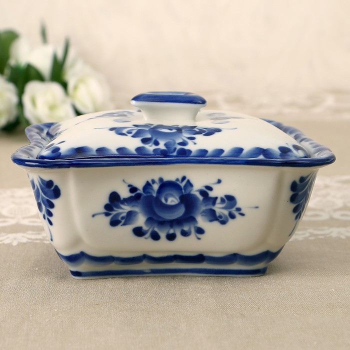 Салатник «Мимоза», с крышкой, 14х6х9 см, гжель