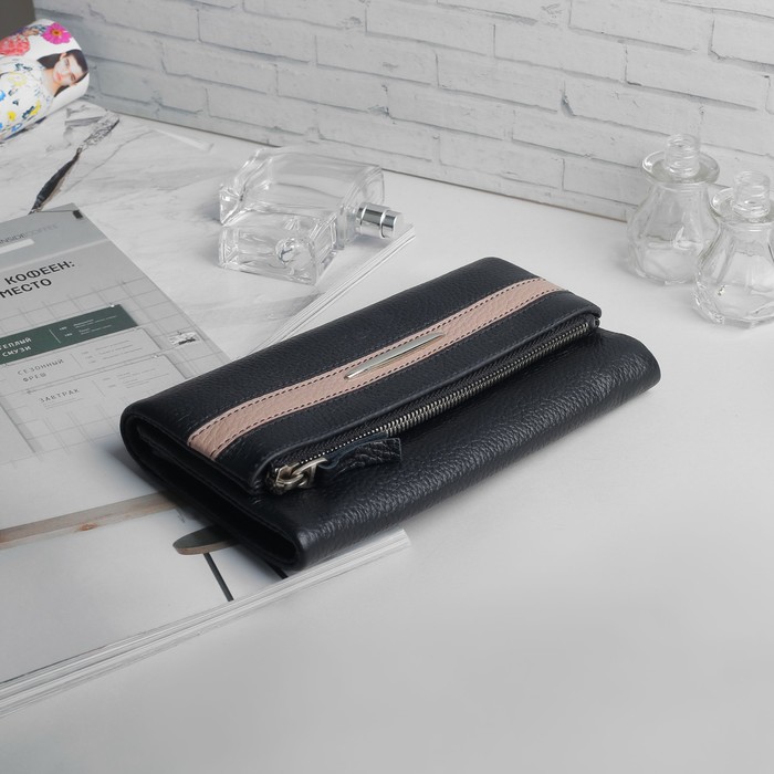 Кошелёк женский, отдел для купюр, для монет, для карт, цвет пудровый/чёрный
