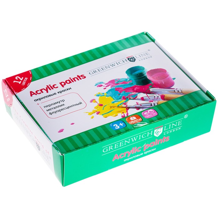 Краски акриловые Greenwich Line, 12 цветов, металлик, перламутр, флуор., блестки, 20мл