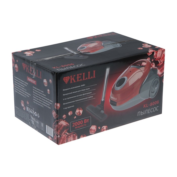 Пылесос KELLI KL-8006, 2000 Вт, мешок 2,5 л. металлическая телескопическая трубка