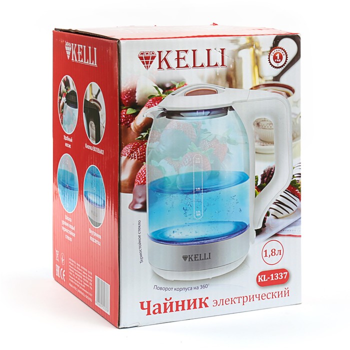 Электрический чайник KELLI KL-1337, 1.8 л, 2200 Вт, подсветка, белый