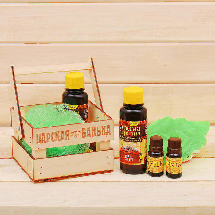 Банный набор в ящике "Жаркая банька": 2 аромамасла, ароматизатор, мочалка