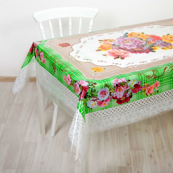 Клеенка ПВХ (рулон 20 скатертей 140х180 см) "Букет", зеленый
