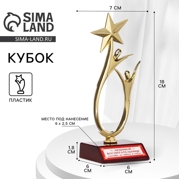 

Кубок «Любимой воспитательнице», наградная фигура, золото, пластик, 18 х 6 см.