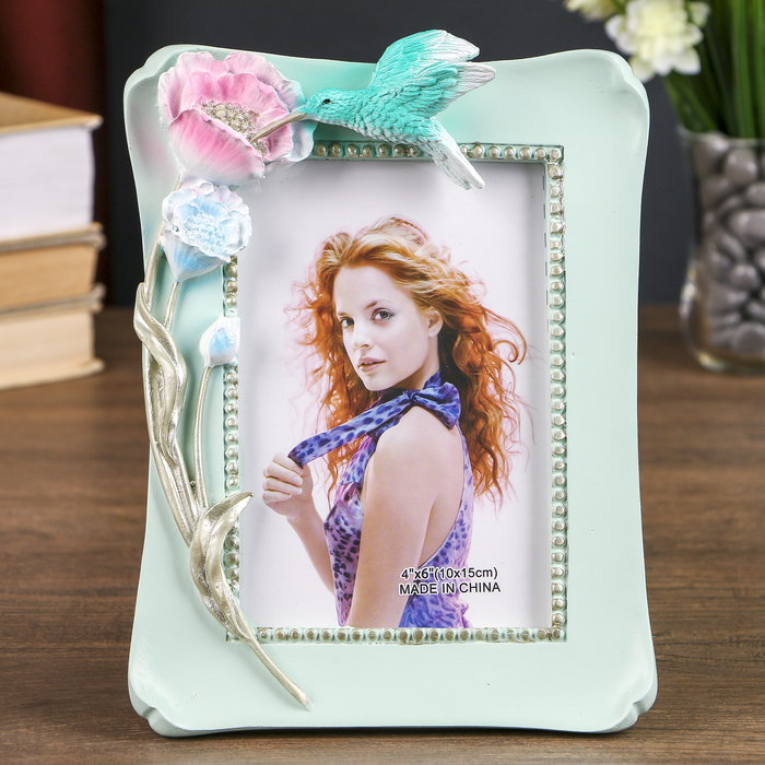 Фоторамка полистоун 10х15 см "Колибри пьёт нектар" голубая 21х16х3,8 см