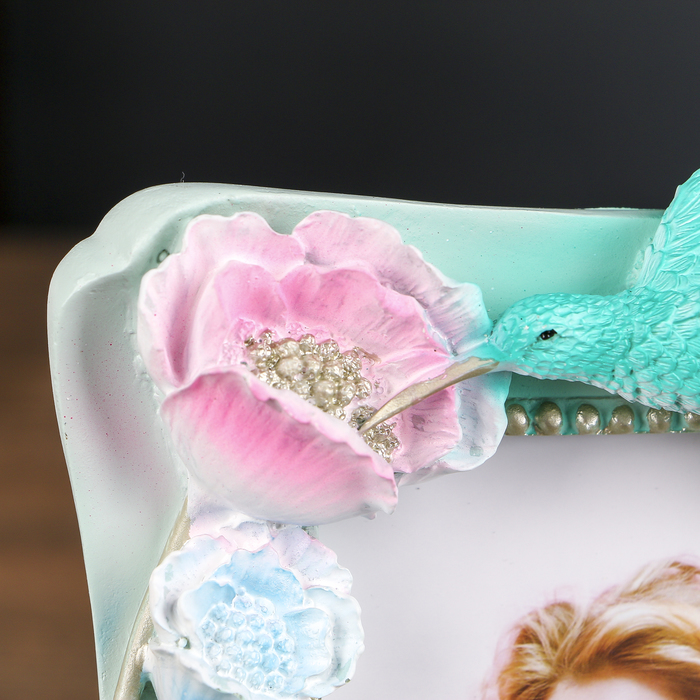 Фоторамка полистоун 10х15 см "Колибри пьёт нектар" голубая 21х16х3,8 см