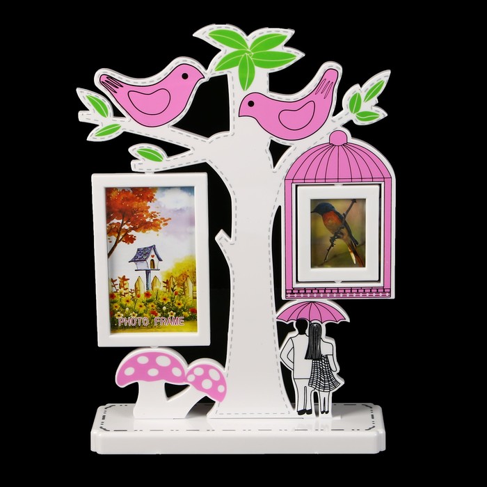 Фоторамка пластик на 2 фото 5х6,5, 13х8 см "Дерево, птички, клетка" МИКС 33х23,5х7 см