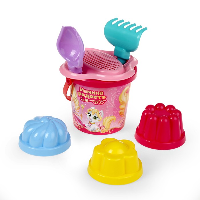 Песочный набор «Мамина радость»: ведро малое, ситечко, совок №2, грабельки №2, 3 формочки