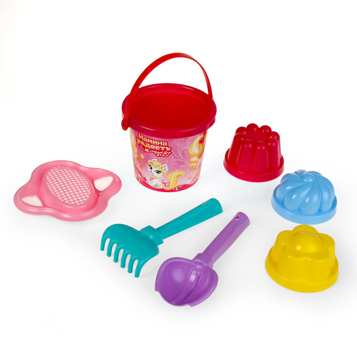 Песочный набор «Мамина радость»: ведро малое, ситечко, совок №2, грабельки №2, 3 формочки
