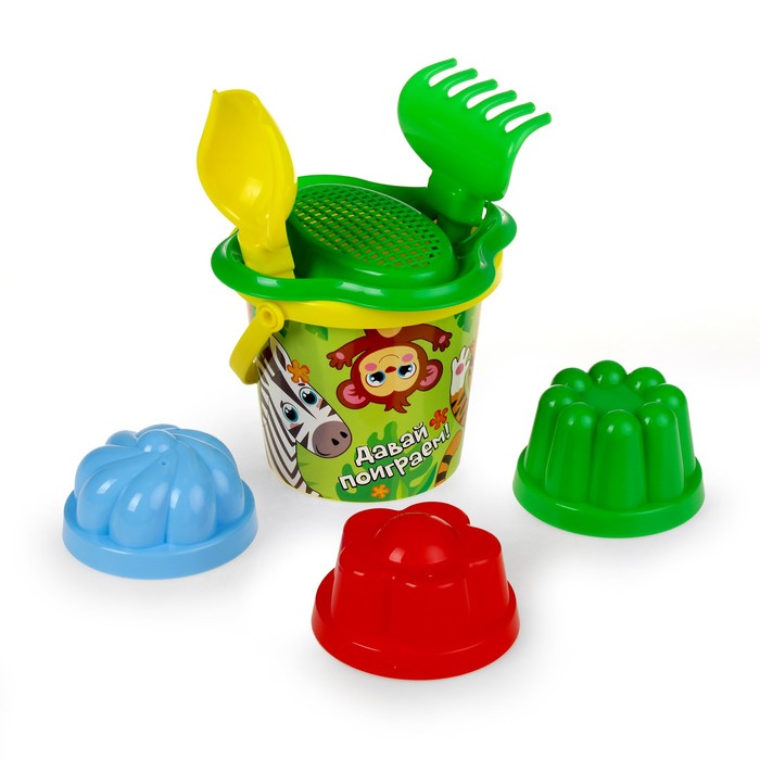 Песочный набор «Давай поиграем»: ведро малое с наклейкой, ситечко-цветок, совок №2, грабельки №2, 3 формочки