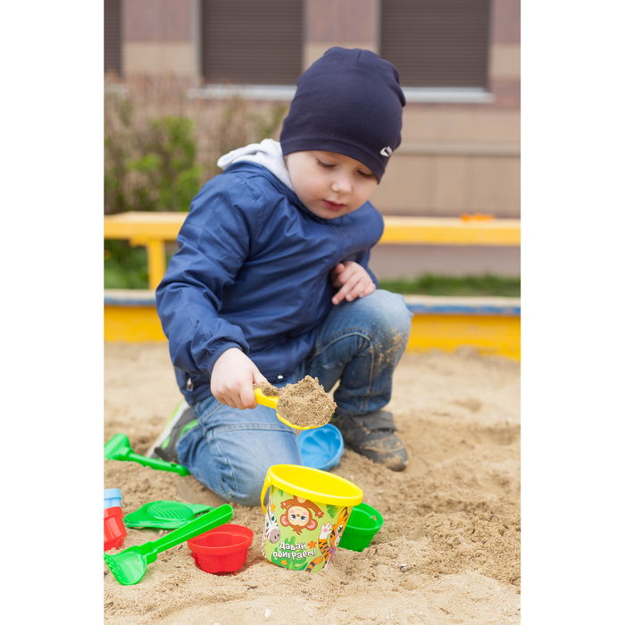 Песочный набор «Давай поиграем»: ведро малое с наклейкой, ситечко-цветок, совок №2, грабельки №2, 3 формочки