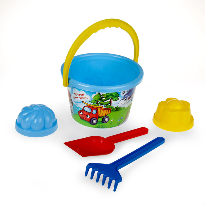 Песочный набор «Транспорт»: ведро среднее, 2 формочки, лопатка, грабельки