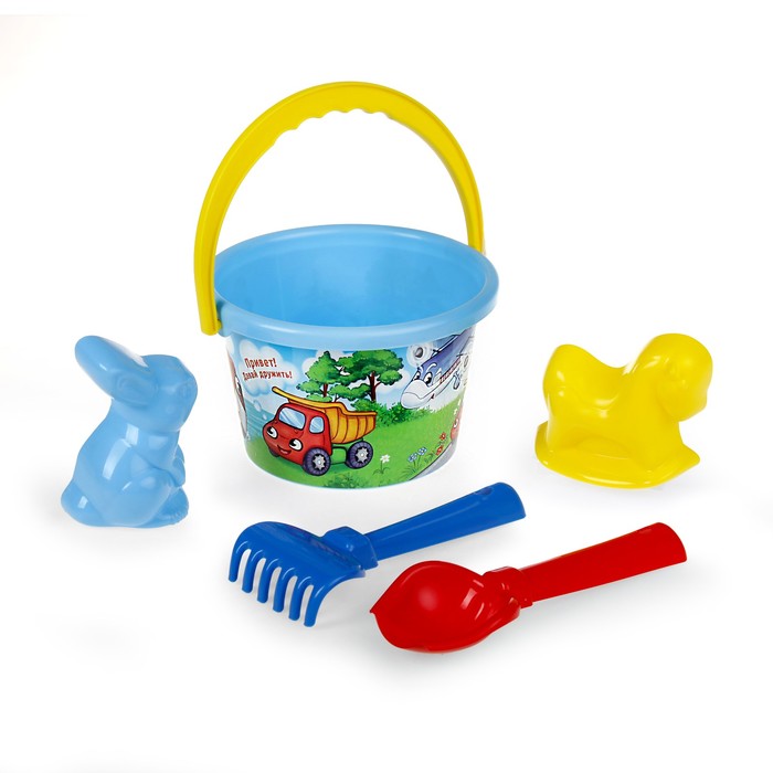 Песочный набор «Транспорт»: ведро среднее, совок №2, грабельки №2, формочки