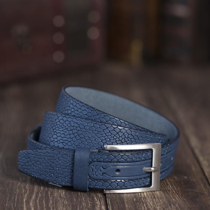 Ремень мужской, рептилия, пряжка металл, ширина -3,5 см, цвет синий
