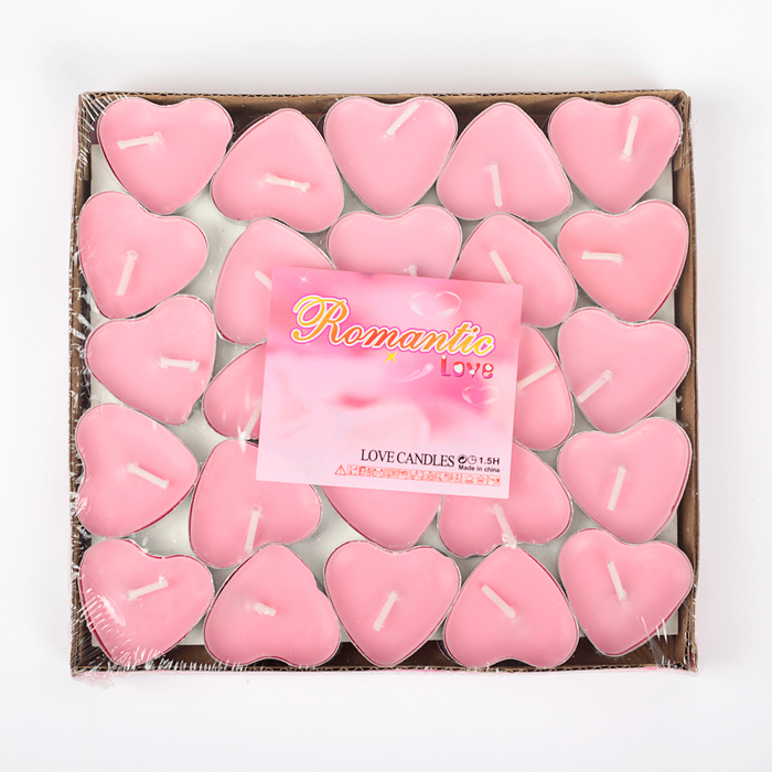 Свеча чайная "Сердце" 6г, 50шт, розовые