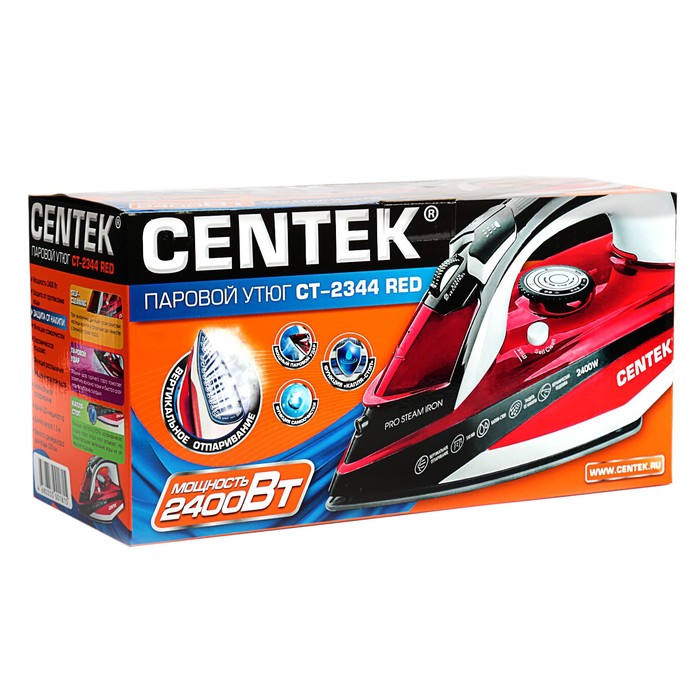 Утюг Centek CT-2344, 2400Вт, керамическая подошва, мощный паровой удар, самоочистка, красный