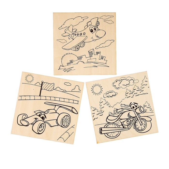 Набор для выжигания по дереву "Веселый транспорт" 3 шт., 15 х 15 см