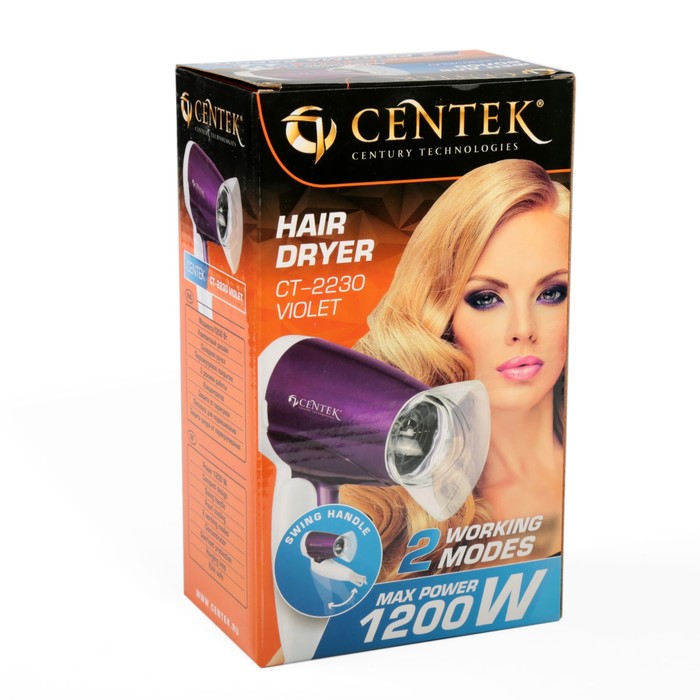 Фен Centek CT-2230 Violet, 1200 Вт, 2 скорости, складная ручка, бело-фиолетовый