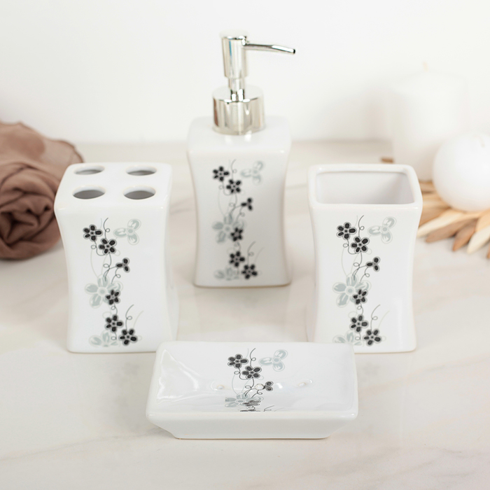 Набор для ванной, 4 предмета: мыльница, дозатор для мыла, 2 стакана