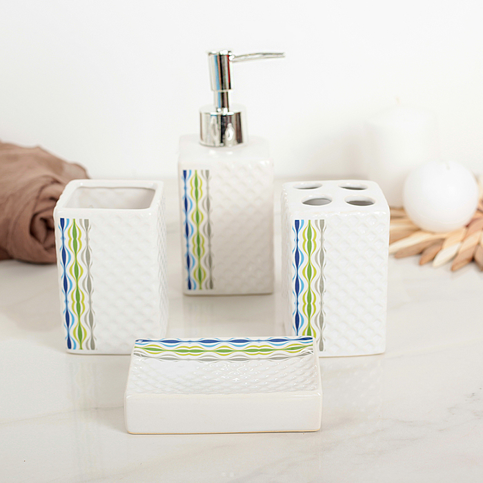 Набор для ванной, 4 предмета: мыльница, дозатор для мыла, 2 стакана