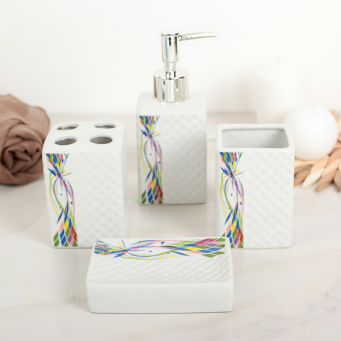 Набор для ванной, 4 предмета: мыльница, дозатор для мыла, 2 стакана