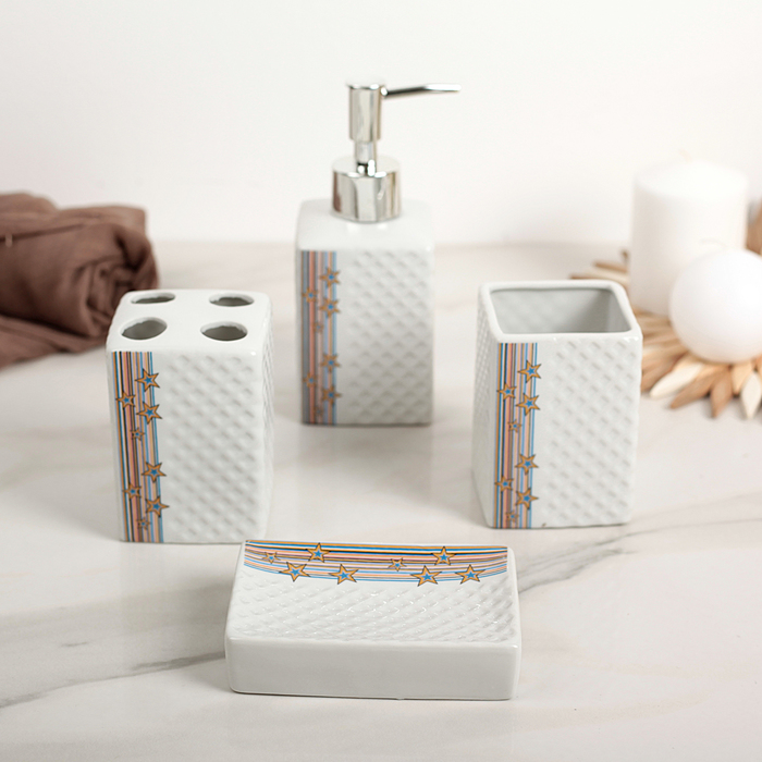 Набор для ванной, 4 предмета: мыльница, дозатор для мыла, 2 стакана