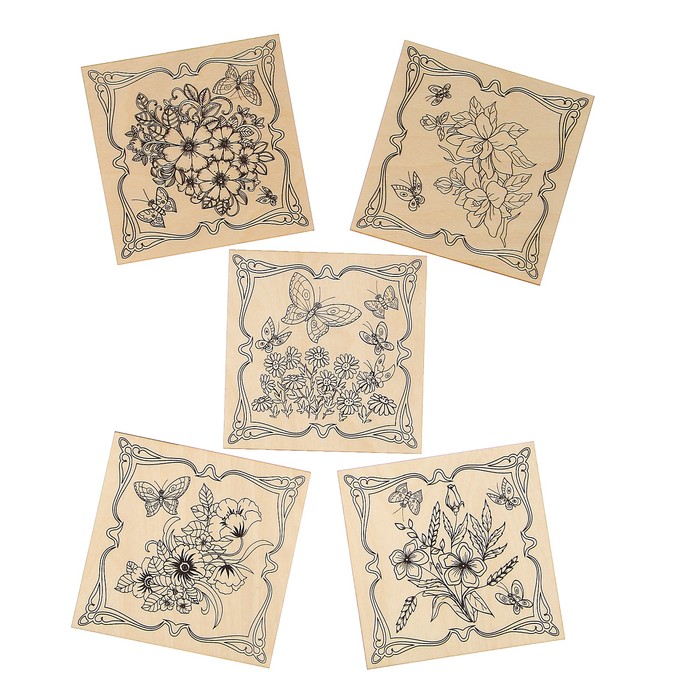 Набор для выжигания по дереву "Цветы" 5 шт., 15 х 15 см