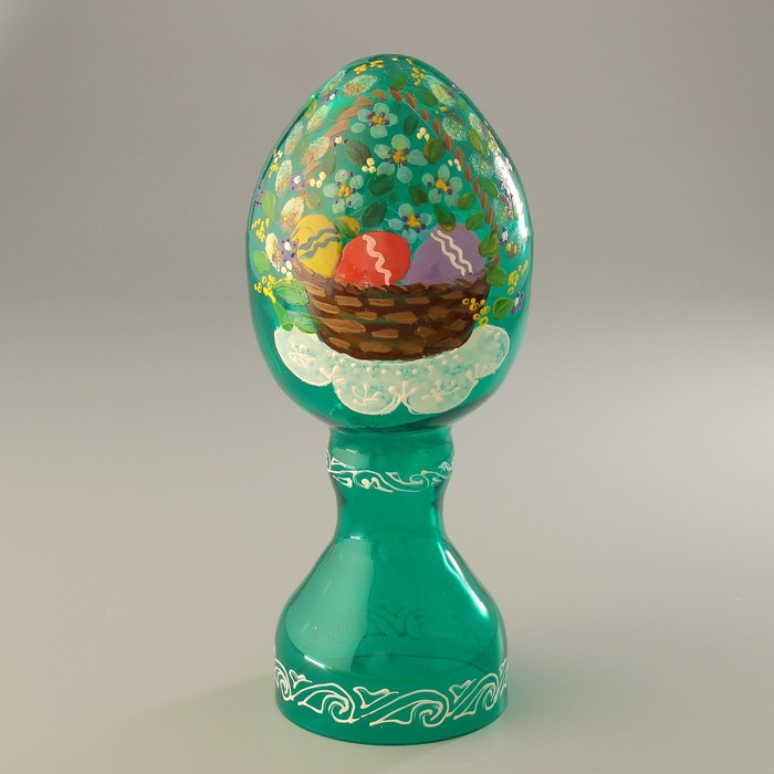Яйцо пасхальное малое, стеклянное, с ручной росписью на изумрудном фоне