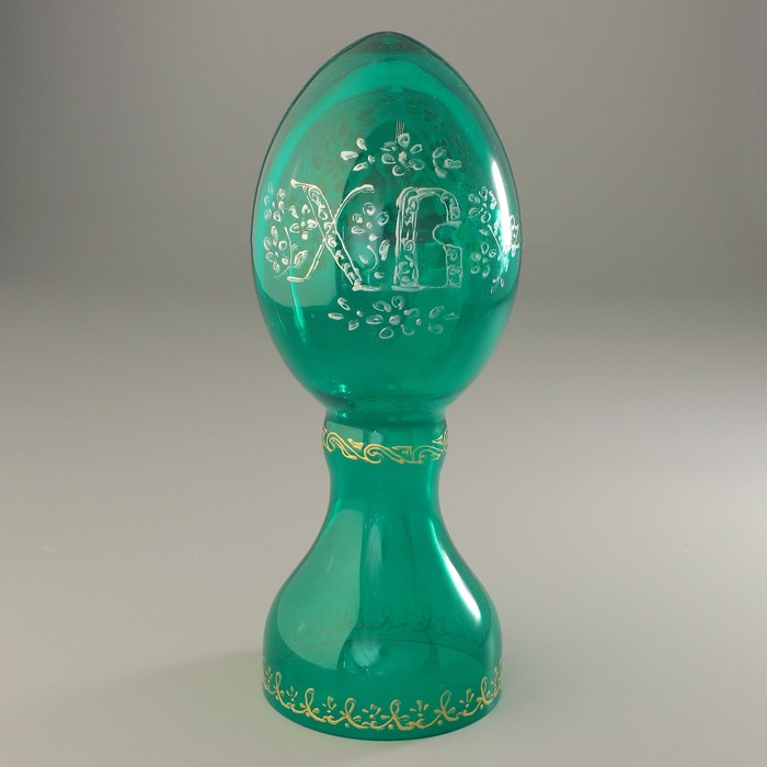 Яйцо пасхальное большое, стеклянное, с ручной росписью на изумрудном фоне