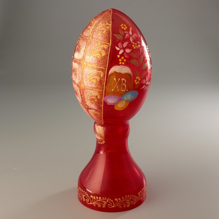 Яйцо пасхальное большое, стеклянное, с ручной росписью на красном фоне