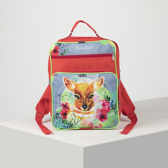 Рюкзак школ 182, 27*16*34, 2 отдела на молнии, 2 н/кармана, Олененок