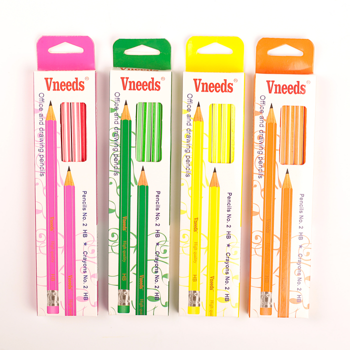 Карандаш ч/г с ластиком НВ корпус шестигранный заточенный Полоски НЕОН МИКС