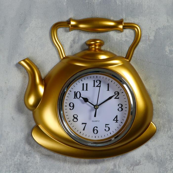 Часы настенные Чайник, золотой, ручка сверху, арабские цифры, 25*29см