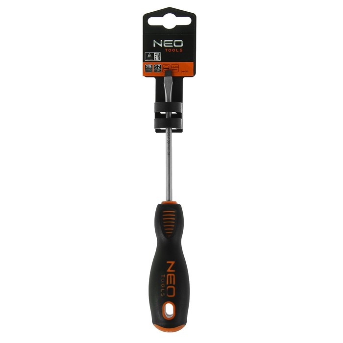 Отвертка шлицевая NEO, SL5.5x100 мм, S2 CrMo, 56HRC, намагниченное жало,трехгранная рукоятка