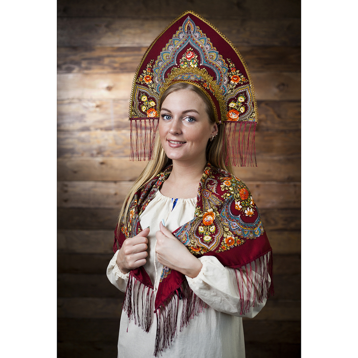 Кокошник + косынка "Паулина", цвет бордовый